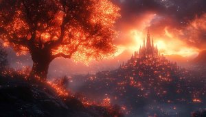 Fiery Fantasy Cityscape 4K Desktop Wallpaper Background