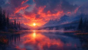 Fiery Sunset Over Mountain Lake Scenery 4K Desktop Wallpaper