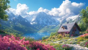 Snow Mountain Lake House Free 4K Desktop Mobile Wallpaper