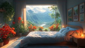 Scenic Bedroom Mountain View 4K Desktop Wallpaper Background