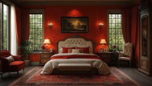 Elegant Red Bedroom Wallpaper, Luxurious Interior Design 4K Desktop Background