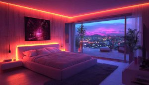 Modern Bedroom City View LED Lighting Aesthetic Room Wallpaper