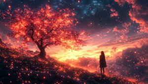 Sunset Fantasy Tree Girl Silhouette Aesthetic 4K Desktop Wallpaper