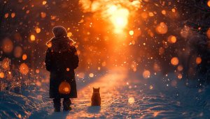 Winter Wonderland Woman and Cat 4K Desktop Background Wallpaper