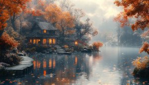 Autumn Lake Cottage Wallpaper 4K - Free Desktop Background