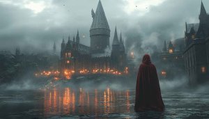 Hogwarts Castle River 4K Desktop Background, Fantasy Cloaked Figure Wallpaper