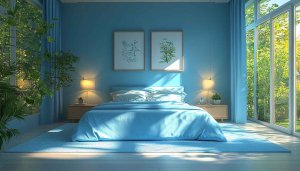 Calming Blue Bedroom Interior 4K Desktop Background Mobile Wallpaper