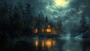 Eerie Forest House Under Moonlight Lake View Desktop Wallpaper