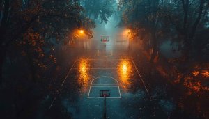Rainy Night Basketball Court Wallpaper: Moody Aesthetic 4K Background