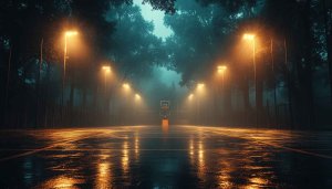 Moody Forest Basketball Court Wallpaper - Urban Night Mobile Background