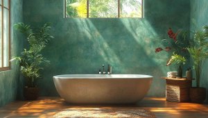Luxury Bathtub Aesthetic Wallpaper, Green Wall Interior 4K Background