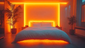 Modern Bedroom with Neon Lighting 4K Desktop Wallpaper Aesthetic Room
