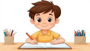 Cartoon Boy Writing Illustration 4K Desktop Background Mobile Wallpaper
