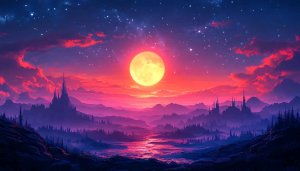Fantasy Night Landscape 4K Desktop Background with Moon and Castles