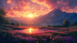 Sunset Mountain Meadow Lake 4K Desktop Wallpaper Nature Background