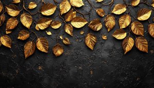 Luxurious Golden Leaves on Black Texture 4K Desktop Wallpaper