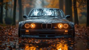 BMW E30 Wallpaper: Classic Car, Glowing Headlights, Autumn Leaves Desktop Background