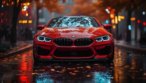 BMW M8 Red Rainy Night Mobile and Desktop Wallpaper 4K