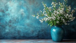 White Blossom Still Life in Blue Vase Desktop Background Wallpaper
