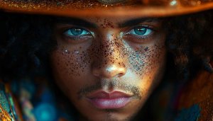 Man with glittery skin, curly hair, and bright eyes wallpaper