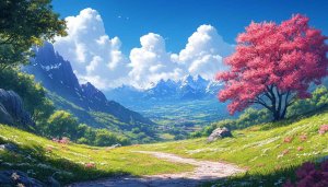 Beautiful Anime Scenery 4K Wallpaper, Pink Tree, Mountain Landscape Art