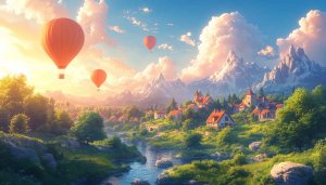 Hot Air Balloons over Village Mobile Wallpaper 4K Desktop Background