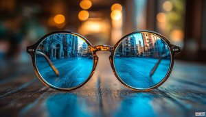 City Street Reflection in Blue Tinted Glasses Mobile Wallpaper