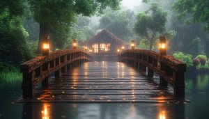 Rainy Day Wooden Bridge 4K Desktop Background Mobile Wallpaper
