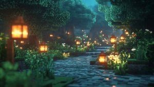 Minecraft Forest Path Lanterns Mobile Wallpaper 4K Desktop Background