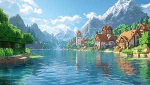 Minecraft Village Lake View 4K Desktop Background Wallpaper Free