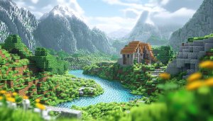 Minecraft Landscape Wallpaper, Snowy Mountains, River Scenery, 4K Mobile Background