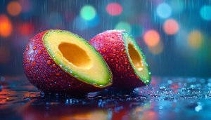 Artistic Avocado Halves in Rain 4K Desktop Wallpaper Background