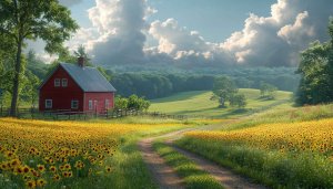 Red Barn Sunflower Field 4K Desktop Background Spring Landscape Wallpaper