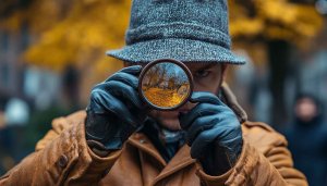 Man Observing Autumn Park Through Lens 4K Desktop Wallpaper