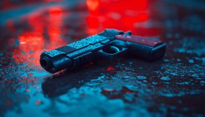Gun on wet surface 4K mobile background, cinematic wallpaper