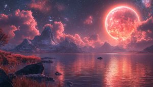 Lake with Red Moon Mobile Wallpaper, Fantasy Landscape Background 4K