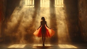 Dreamy Girl Silhouette Wallpaper, Orange Dress, Dramatic Lighting, 4K Desktop