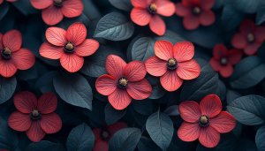 Red Flowers Dark Leaves Background for Desktop and Mobile Wallpaper