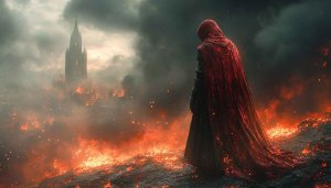 Red Cloaked Figure on Fire 4K Desktop Background Wallpaper