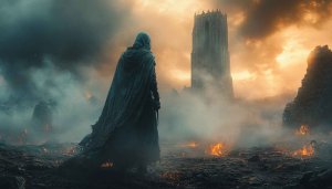 Fantasy Hooded Figure 4K Desktop Wallpaper Apocalypse Ruins Background