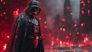 Star Wars Darth Vader 4K Wallpaper Red Fire Cityscape Background