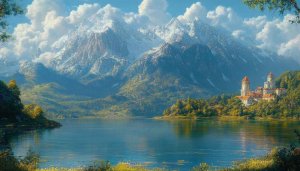 Snowy Mountain Lake Castle 4K Desktop Wallpaper Backgrounds Free