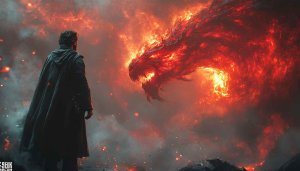 Fiery Dragon Facing a Man, Epic Fantasy 4K Wallpaper