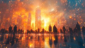 Fiery Cityscape Crowd 4K Desktop Background Futuristic Mobile Wallpaper