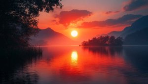 Fiery Sunset Lake Scenery 4K Desktop Wallpaper Backgrounds Free