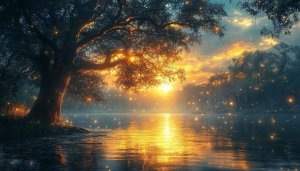 Enchanted Lake Sunset 4K Desktop Wallpaper, Free Mystical Tree Background