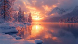 Winter Lake Sunrise 4K Desktop Background | Snow Mountain Wallpaper