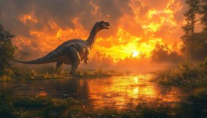 Majestic Dinosaur Sunset River Landscape 4K Desktop Mobile Wallpaper