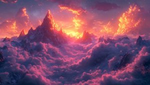 Fiery Mountain Peaks Above Cloudscape 4K Desktop Wallpaper
