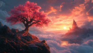 Fantasy Pink Tree 4K Desktop Background Sunset Above Clouds Wallpaper